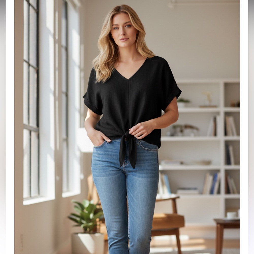 Ava & Viv Charcoal V-Neck Top Size 3X Tie In Front Linen